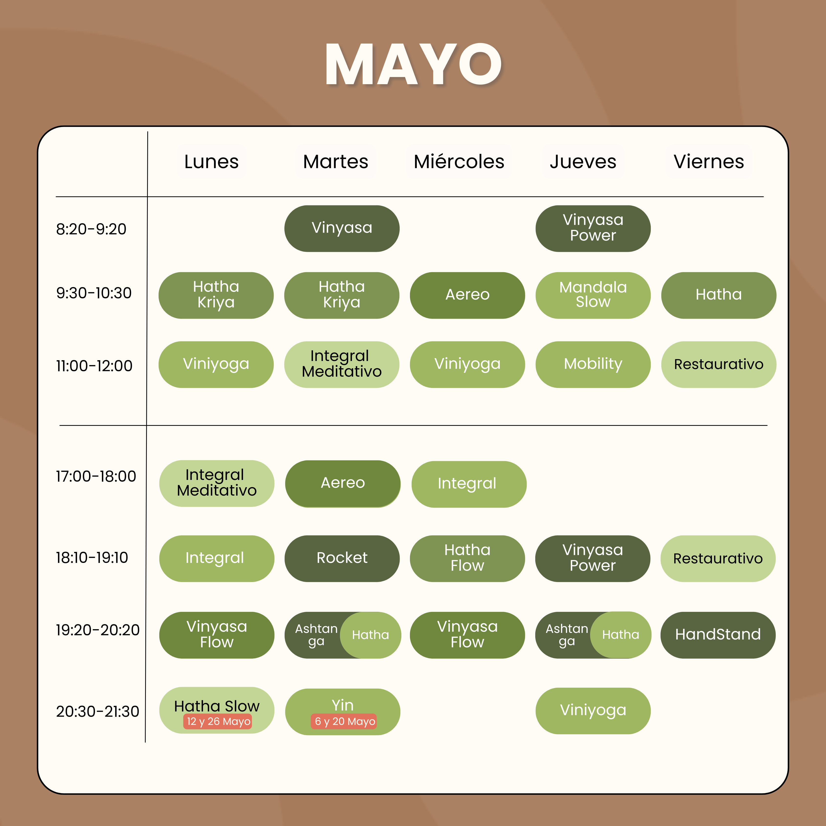 Horario Mayo Horario de clases de yoga de Vibra Yoga Alicante. Incluye horarios de mañana y tarde, con diferentes estilos y niveles.