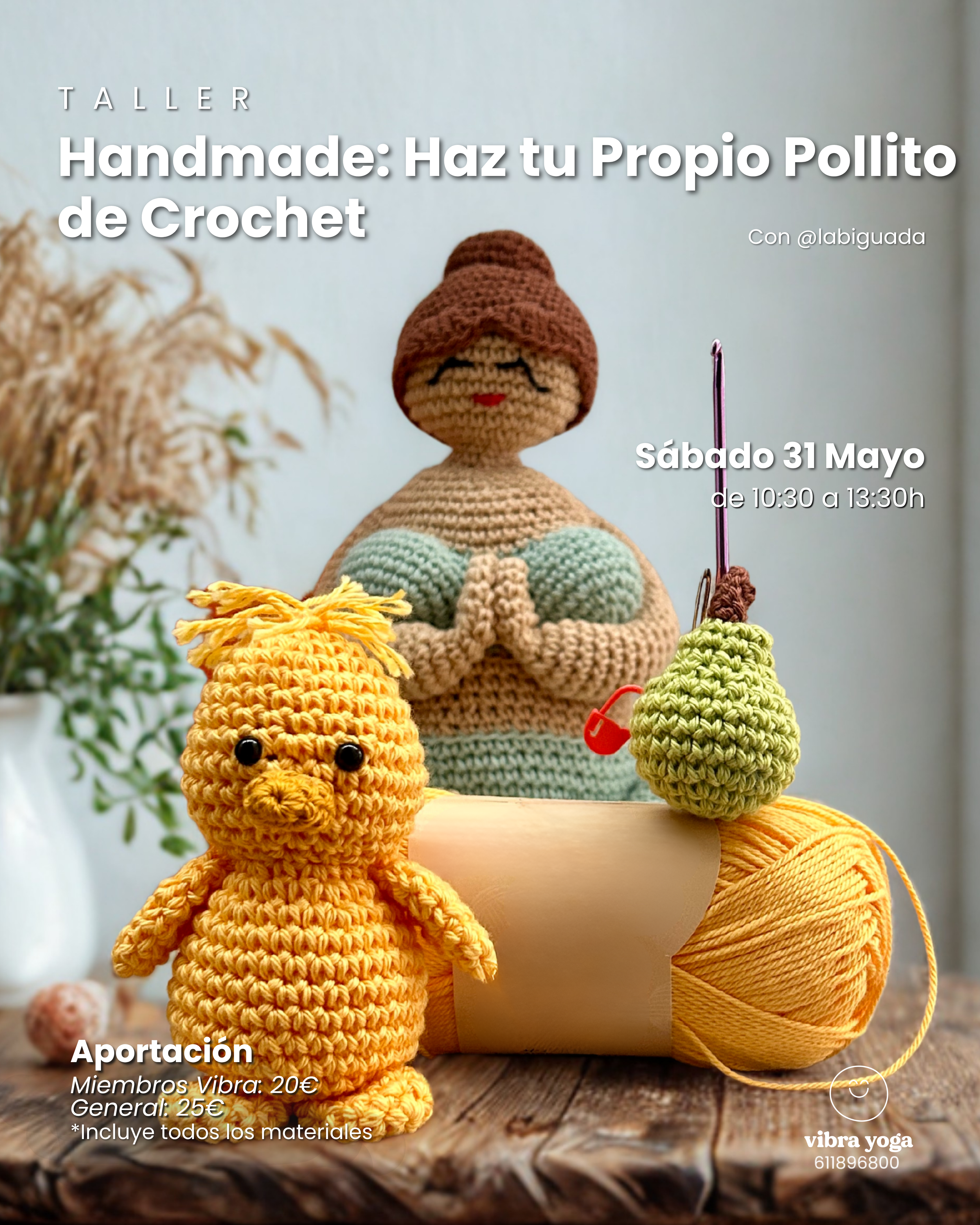 Cartel del taller Handmade “Haz tu propio pollito de crochet” en Alicante, actividad creativa y artesanal para todos los niveles.
