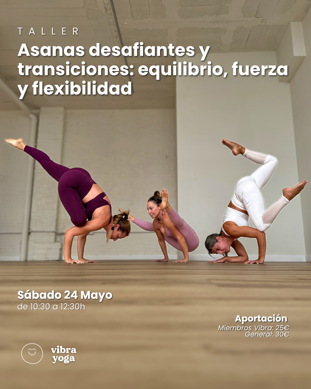 Cartel promocional del taller de yoga con invertidas y transiciones en Alicante, organizado por Vibra Yoga.