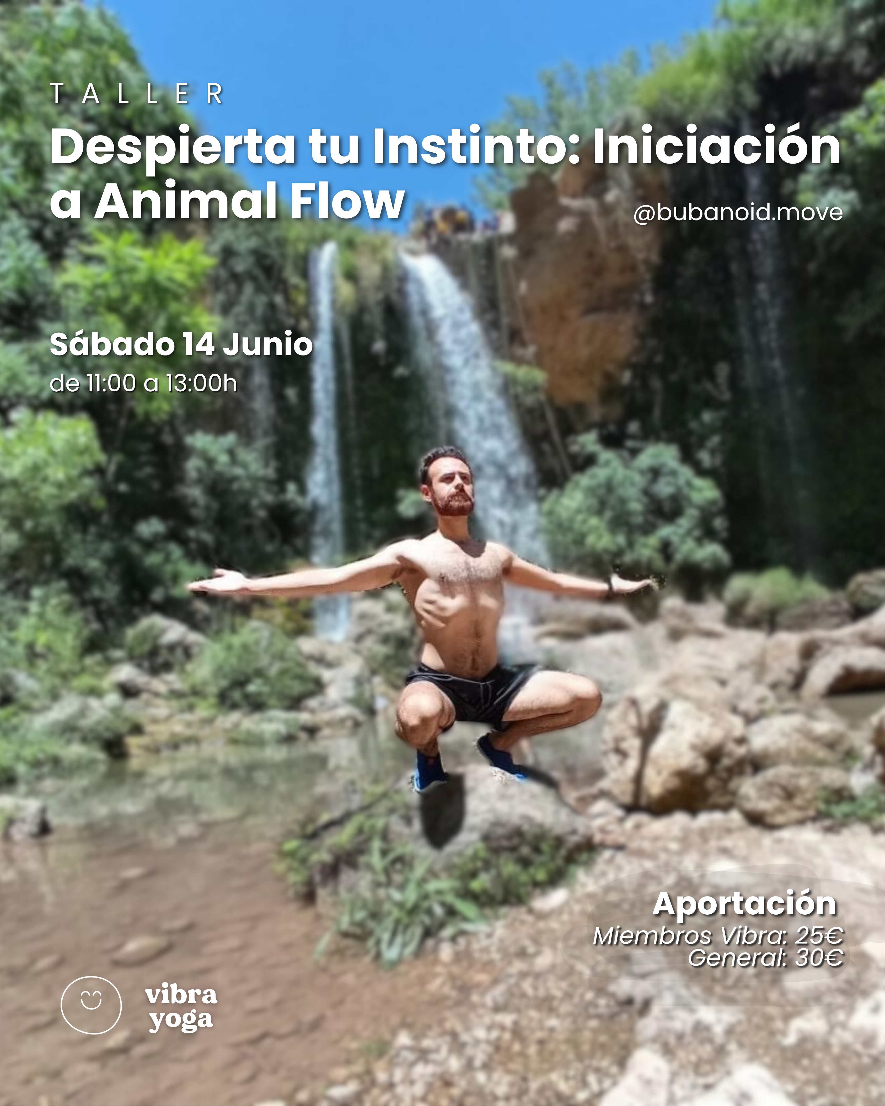 Cartel del taller “Despierta tu Instinto: Iniciación a Animal Flow” en Alicante, una experiencia de movimiento natural, fuerza y control corporal.