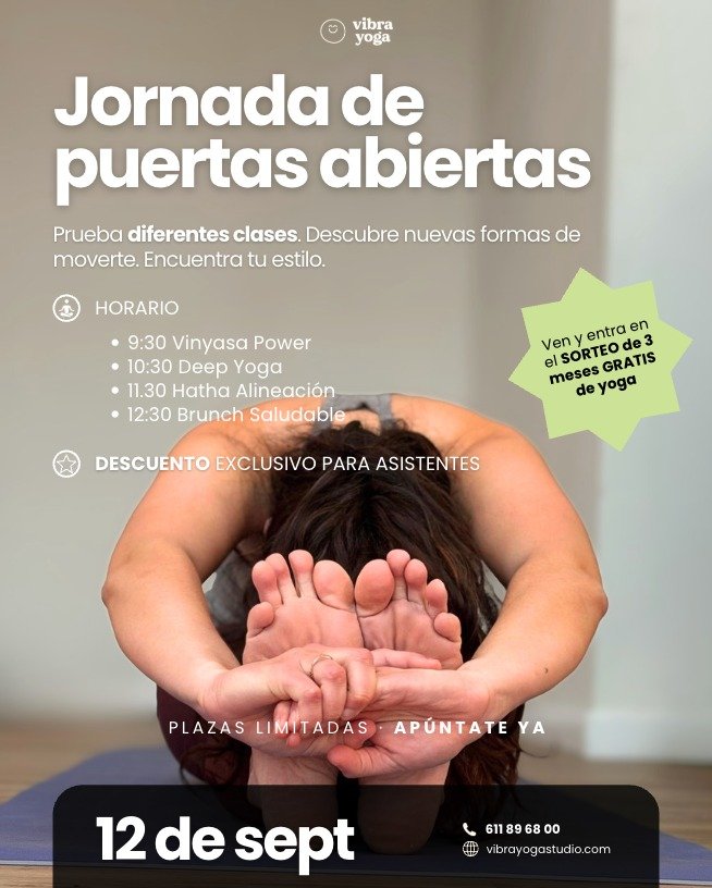 Cartel de la jornada de puertas abiertas de Vibra Yoga: sabado 12 de septiembre, Vinyasa Power a las 9:30, Deep Yoga a las 10:30, Hatha Alineacion a las 11:30 y brunch saludable a las 12:30